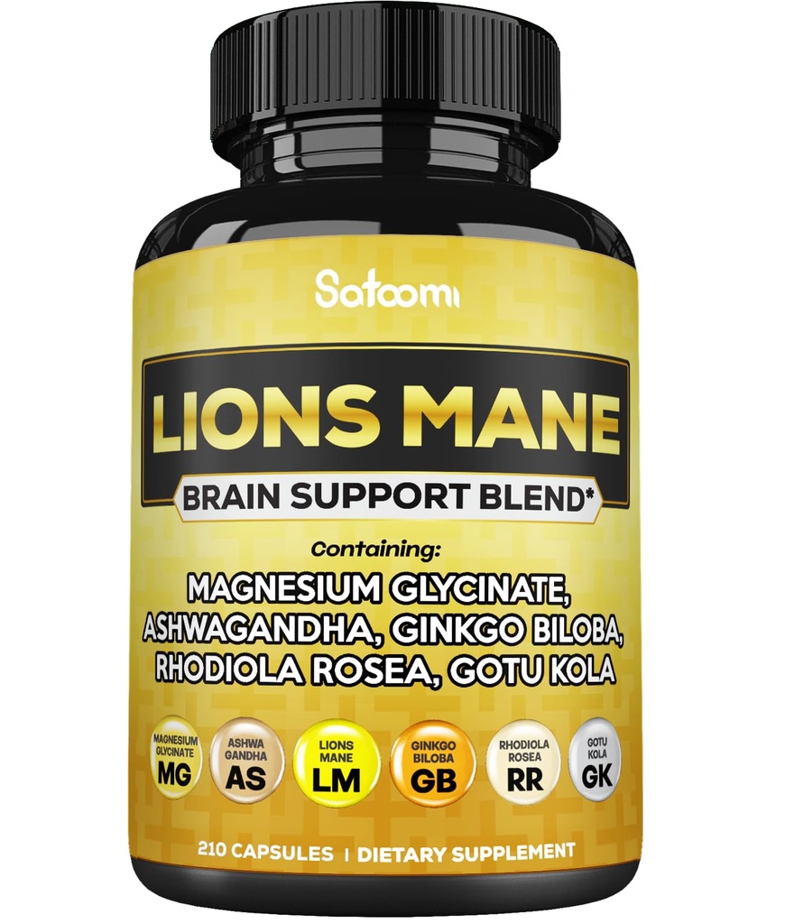 Lions Mane Suplemento Cápsulas com Magnésio com Ashwagandha Raiz, Ginkgo Biloba, Rhodiola Rosea e Gotu Kola - 210 Cápsulas Vegan - Apoio à saúde do cérebro, humor positivo & produção de energia