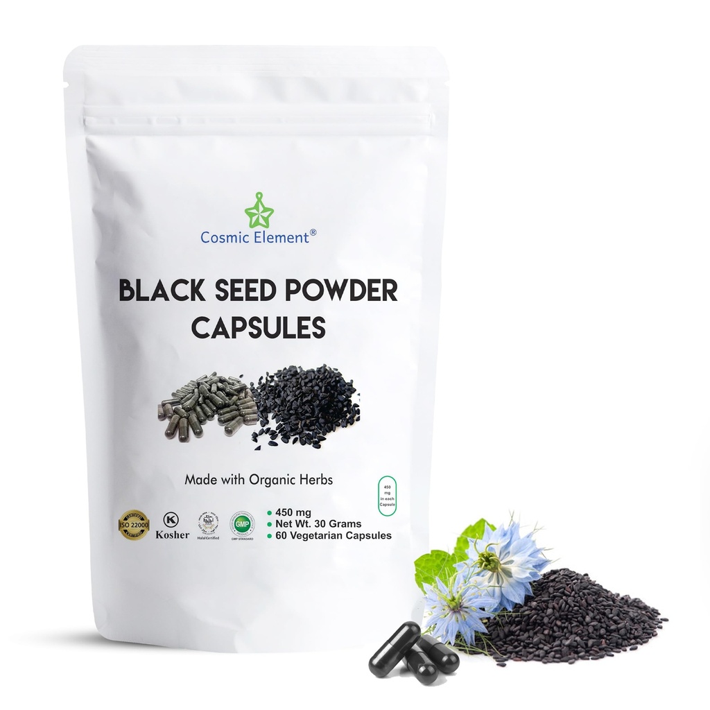 Elemento cósmico 100% Pure Black Seed Powder Cápsulas Orgânico - Vegan Nigella Sativa 450mg Black Cumin Seeds per Serving- para Saúde - 60 Cápsulas