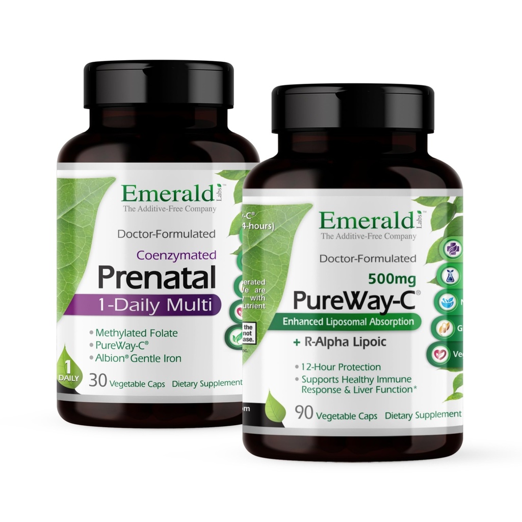 Conjunto de laboratórios de esmeralda com pré-natal 1-Daily Multi (60 Veg Caps) & PureWay-C (90 Veg Caps) - Multivitamina pré-natal com folato metilado, ferro & mais* - Suplemento de vitamina C com ácido lipoico R-Alpha*