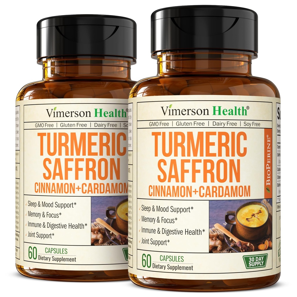 Suplementos de açafrão – 89mg Extrato de açafrão e 1000mg Mistura Tumérica – Suplemento de açafrão com canela de ceilão e cardamomomo para humor, memória e saúde ocular – Suplementos conjuntos para mulheres e homens – 2 Pack