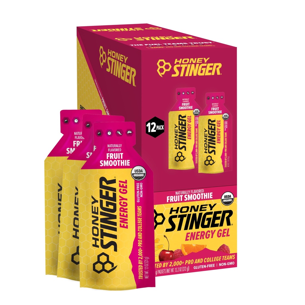 Honey Stinger Organic Fruit Smoothie Energy Gel, Gluten Free & Caffeine Free, para exercício, execução e desempenho, Nutrição Desportiva para Casa e Ginásio, Pré e Mid Workout, 12 Pack, 13.2 Ounce