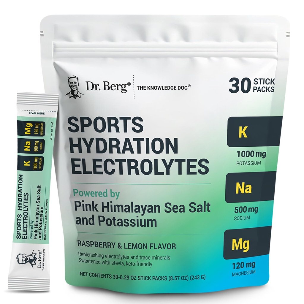 Dr. Berg Sports Hydration Electrolytes Powder w/More Salt (Pink Himalayan) - 30 Keto Electrolytes Powder Packets w/a Delicious Salty Raspberry & Lemon Flavor - Inclui 1.000mg de Potássio