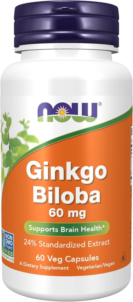 Now Foods Supplements, Ginkgo Biloba 60 mg, 24% Extrato padronizado, Projeto não-GMO Verificado, 60 Veg Cápsulas