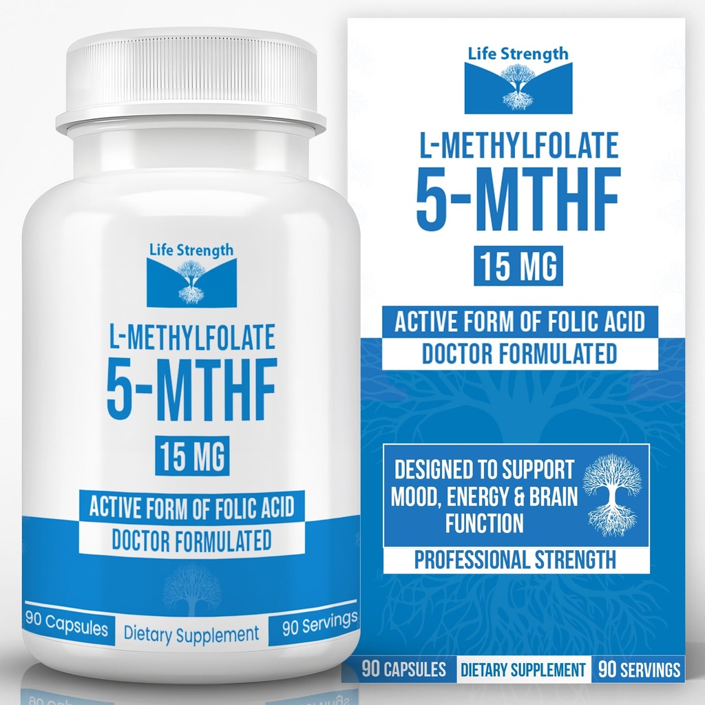 L-Metilfolato 15 MG, Folato de metilo otimizado e altamente bioativo, Suplemento 5-MTHF para o humor e suporte imunológico, Suplemento de dieta natural para energia, não-GMO e sem glúten, 90 cápsulas