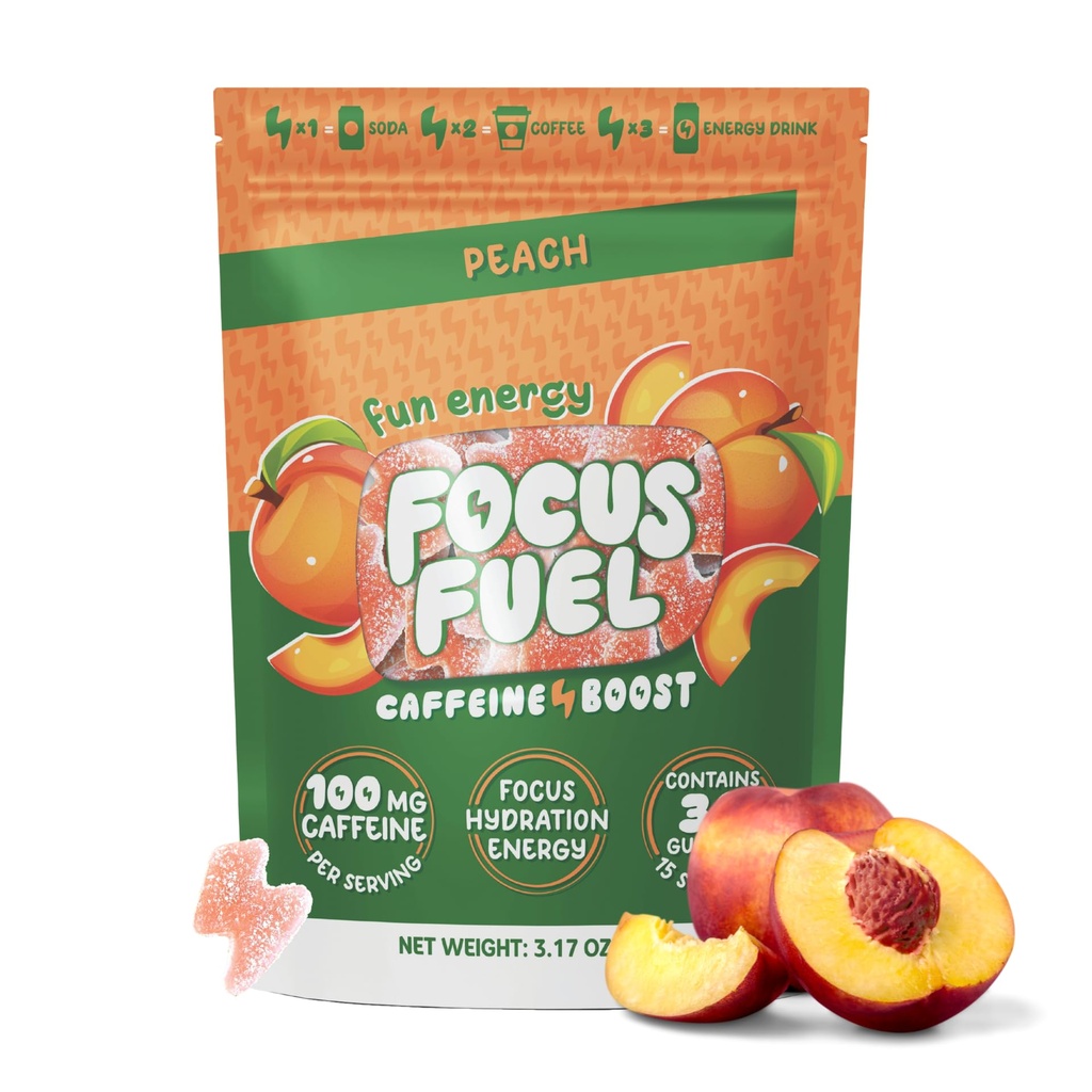 FocusFuel Energy Chews – Peach Flavor (15 Servings) – 100mg Cafeína + Alpha GPC+ L-Teanina + B12, Magnésio – Foco Suave & Energia – Sem Queda ou Jitters