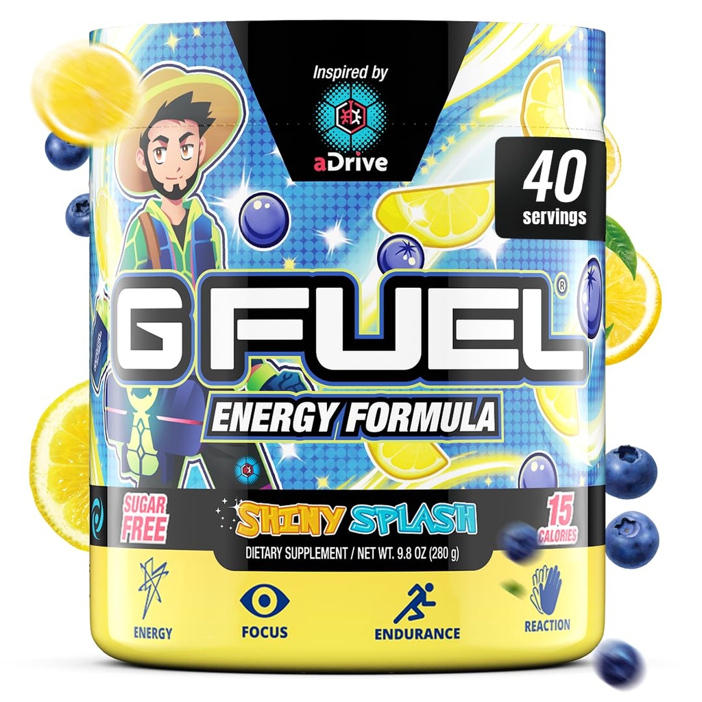 G combustível aDrive Energia Drink Powder, Mistura de cafeína pré-treino para jogos, Açúcar Free Focus Amino, Vitamina + Antioxidantes, 9.9oz (Blueberry & Limonada, 40 Servings)