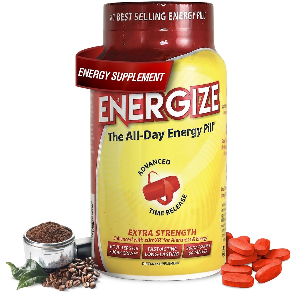 Energize comprimidos de cafeína de força extra, comprimido de energia de longa duração de ação rápida com cafeína de liberação prolongada de tempo, melhor clareza e suporte energético para homens e mulheres, sem Jitters, sem quebra (60 tablets)