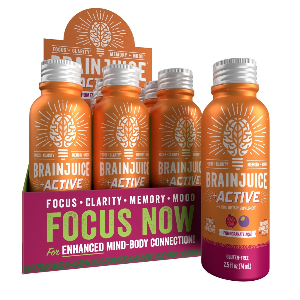 BrainJuice Active Focus & Energy Drink Shots, Suporta Endurance, Recovery & Clarity, Non-GMO, Gluten Free, Nootropics, Alpha GPC, B Vitaminas & Chá Verde Orgânico, Romã Acai, 2,5 fl oz, 12 Pack