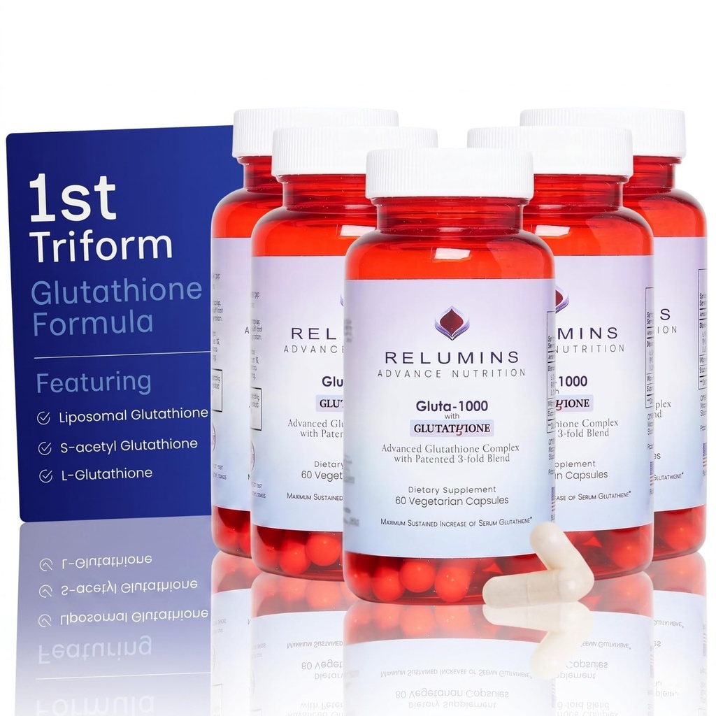 Reluminas L Complexo de Suplemento de Glutationa - Glutationa reduzida 1000mg com Ácido Alfa Lipóico e Rose HIPS Cápsulas para Pele Alimentada e Suave, 60 Caps x 5 Garrafas