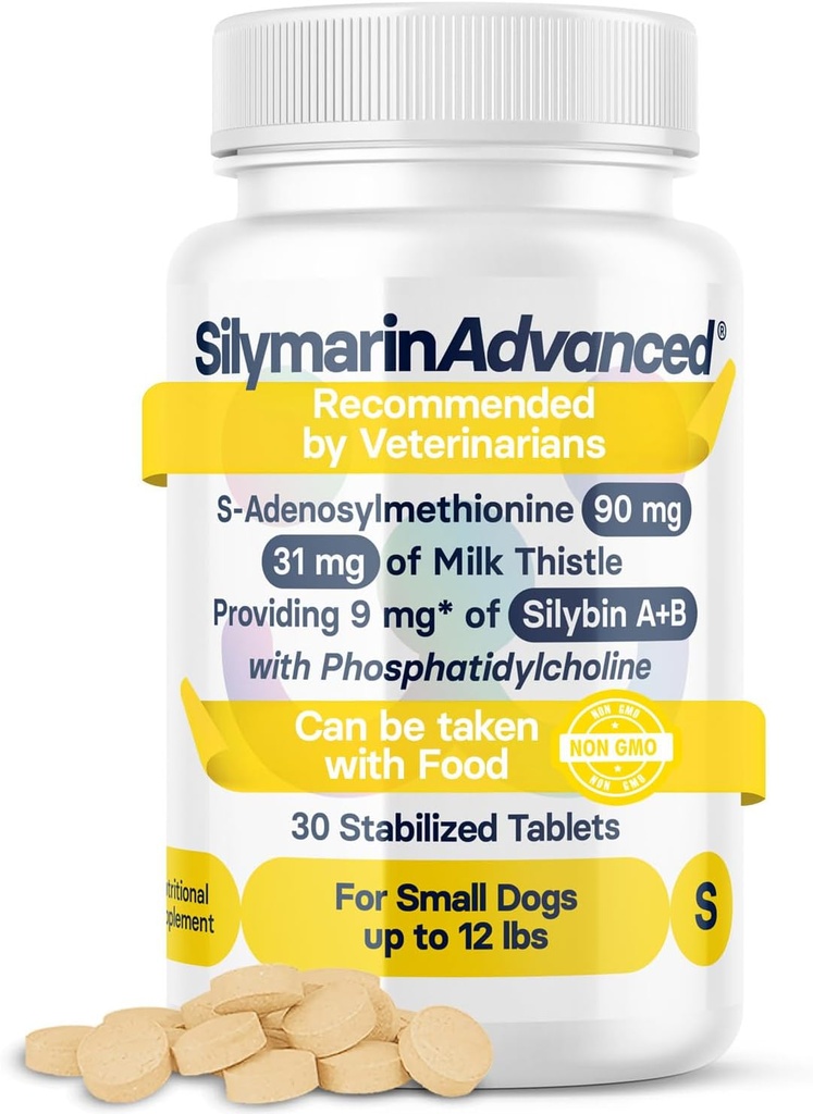 Suplemento de saúde do fígado para cães pequenos - Cardo de leite para cães Suporte de fígado com S-Adenosilmetionina (mesmo) & Silybin - 30 Comprimidos