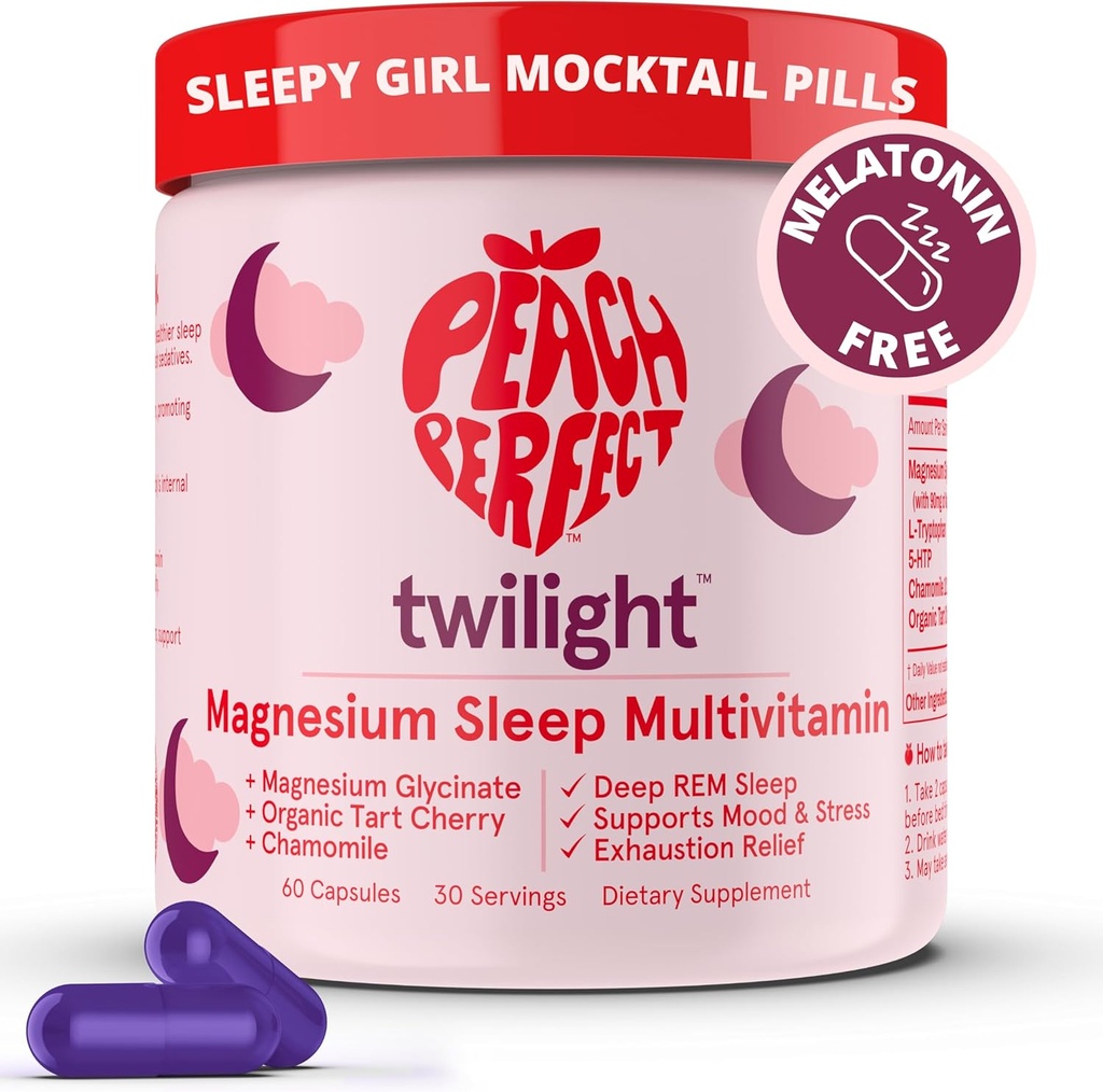 Pêssego Crepúsculo perfeito Magnésio Glycinate Sleep Multivitamin Magnésio Suplemento com Cereja Orgânica Tart, Camomila, 5-HTP, L-Tryptophan, Natural Sleepy Girl Mocktail, 60 Cápsulas, 30 Servings