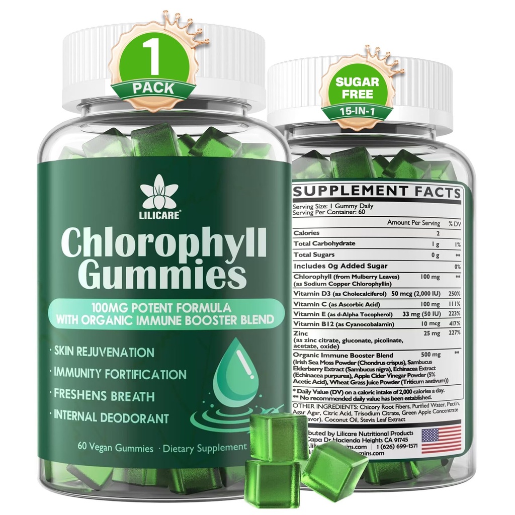 Pastilhas de clorofila - Super verde com grama de trigo, musgo marinho, ACV sem filtro & Elderberry, Echinacea, Complexo de zinco & Vitamina D3, C, E, B12 para desodorante natural, Imune & Digestion Support, 60 mastigações