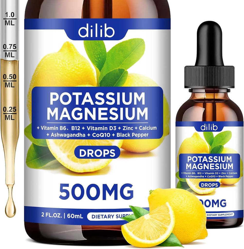 Suplemento de Citrato de magnésio de potássio, Citrato de magnésio líquido Drops 500mg com Ashwagandha, cálcio, zinco, vitamina D3, B6, B12, CoQ10 - Vegan 2 fl oz limão flavor