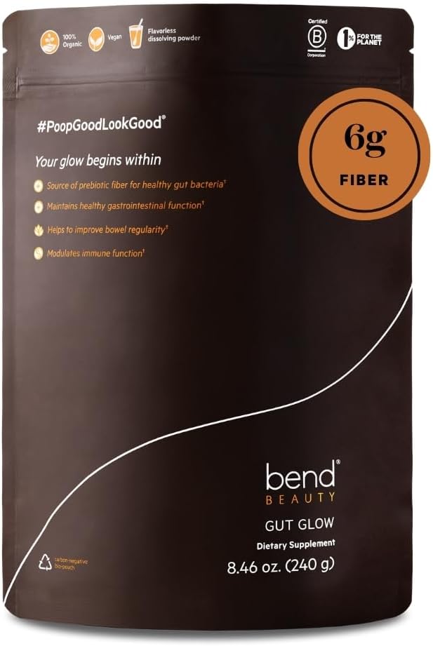 Bend Beauty Gut Glow □ Suplemento diário de fibras prebióticas em pó w/Tremella Mushroom Exract □ Saúde Digestiva Gut 6g de fibras solúveis por serviço