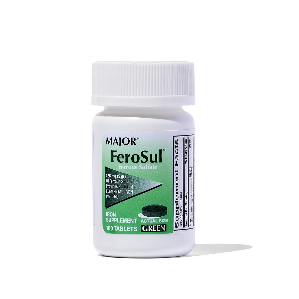 MAJOR FEROSUL 325MG (5GR) GREEN FEROUS SULFATE-325 MG Green 100 COMPRIMIDOS UPC 309047591824 by Major Pharmaceuticals