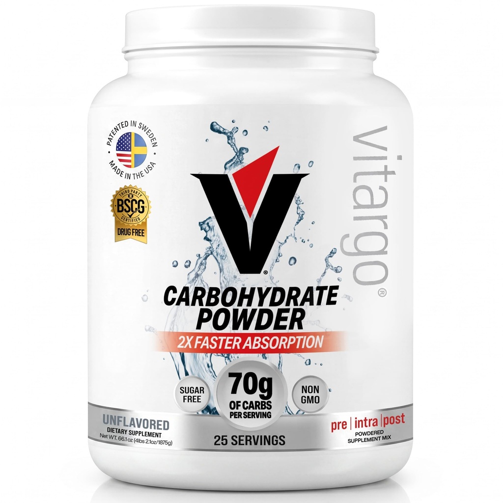 Pó de carboidrato de Vitargo, 2X mais rápido de absorção, 4,4 LB Plain, Pré, Intra & Post, Pó de carboidrato complexo livre de açúcar para recuperação, resistência e ganho muscular, Made in USA