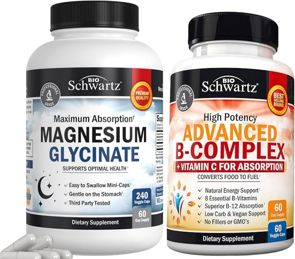BioSchwartz High Absorção Glicenato de Magnésio 500mg Cápsulas (2 Mês de Abastecimento) Mais Complexo de Vitamina B com Vitamina C (2 Mês de Abastecimento)