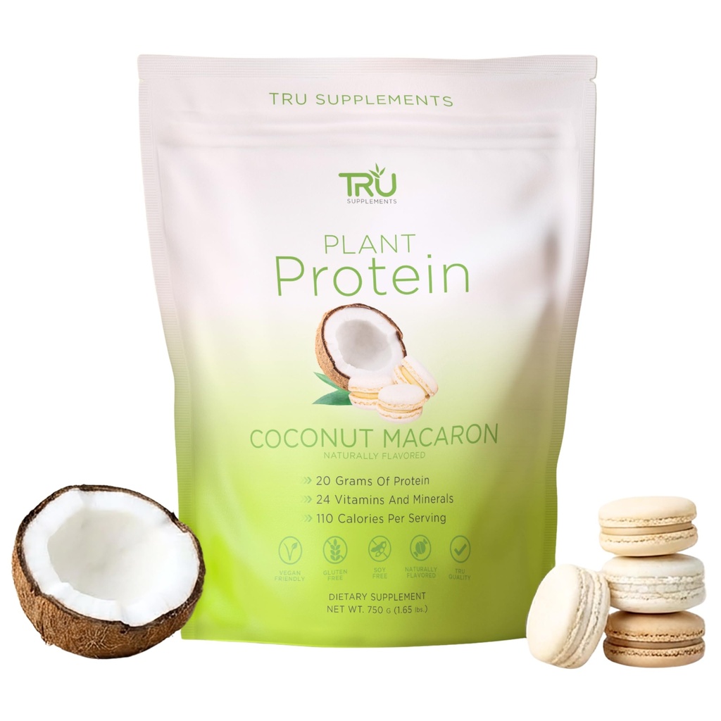 TRU Suplementos planta base protein powder, BCAA, EAA, 20g Vegan Brown Rice & Pea Protein, 100 calorias, 27 vitaminas, sem sabores artificiais 25 Servings (Coconut Macaron)