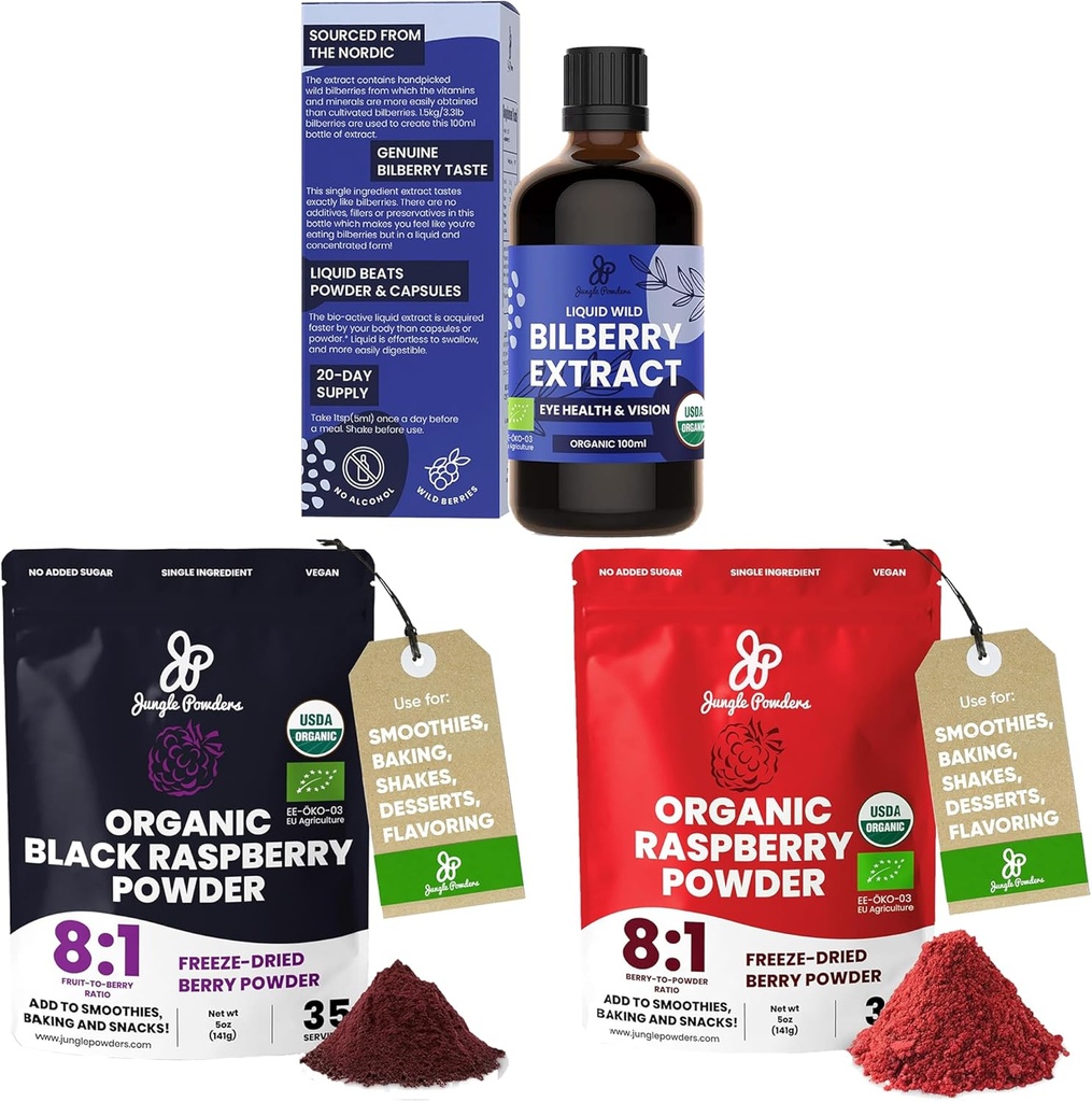 Pó de selva Extrato de mirtilo selvagem para olhos USDA Organic 3.4oz Garrafa, Red Black Framboesa em pó Pacote 5 Bolsa de Onça, Freeze Framboesas Secas para Baking Smoothies Frutas Desidratadas