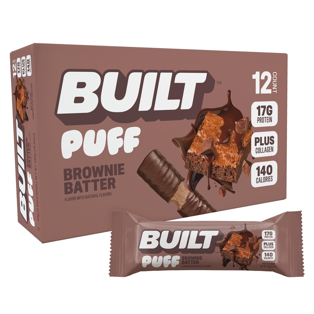 Bar construído, Puff Protein Bars, Brownie Batter Puff, 17g Snacks Protein, On-The-Go Bars, Apenas 140 calorias, 6g Açúcar, Colágeno, Gluten Free, 12 Count
