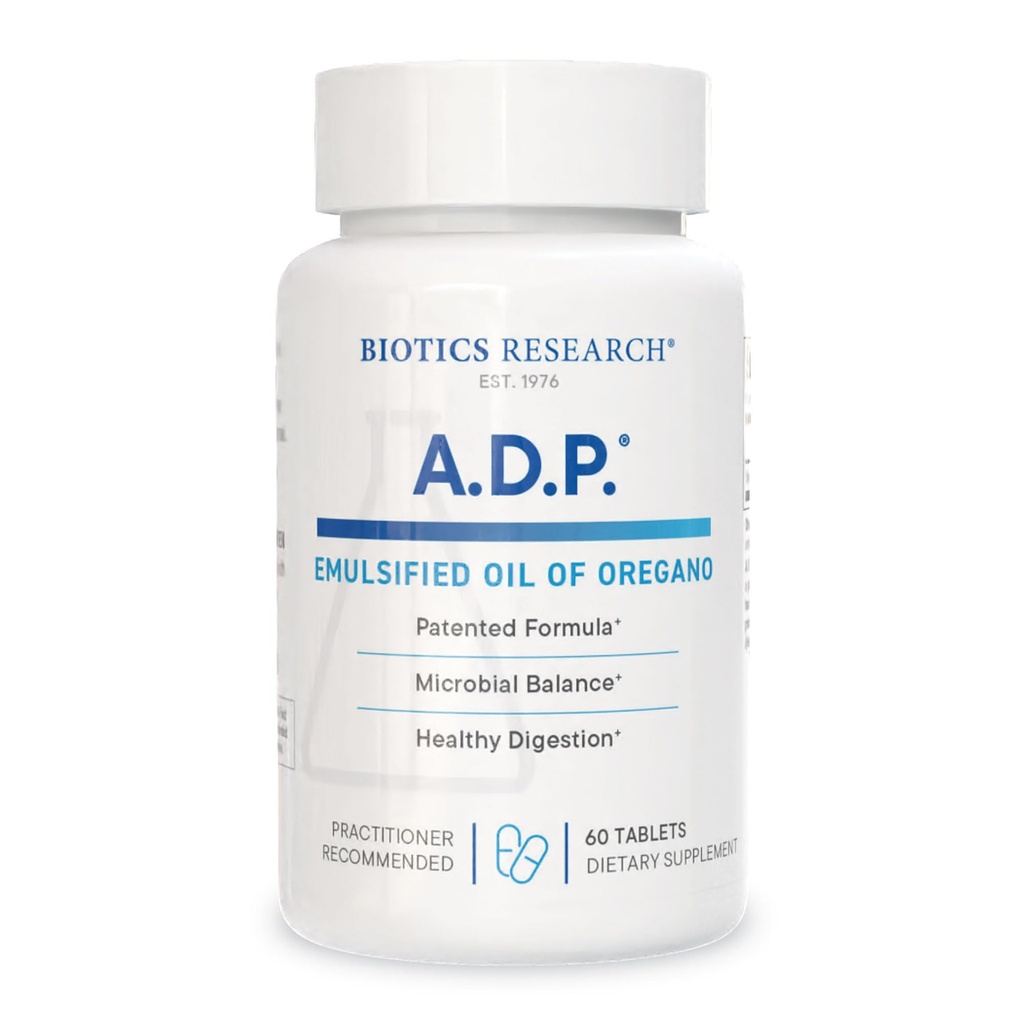 Biotics Research A.D.P. Óleo Emulsionado de Comprimidos de Orégano para a Saúde GI - Liberação Mantida para Alta Absorção Contém Carvacrol, Óleo de Orégano Selvagem 50mg/S - Fórmula patenteada -Não OGM -60 Comprimidos