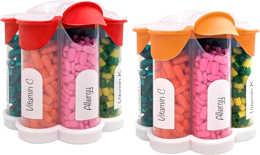 Organizador de comprimidos extra grande diário, semanalmente, garrafa de suplemento mensal, Dispensador bonito da pílula da flor com 7 compartimentos XL (2 pacote Combo) (laranja e vermelho)