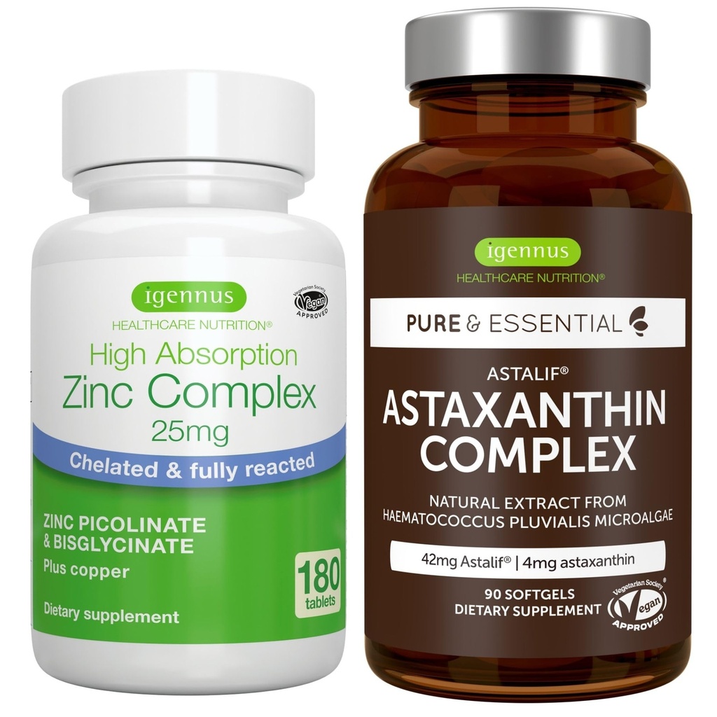 Complexo de Astaxantina + Zinco Complexo Vegan Bundle, Apoio Antioxidante para a pele, Cabelo e unhas, por Igennus