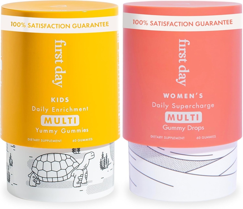 Primeiro dia Multivitamin Gummies Bundle para Mulheres e Crianças – Vitaminas A, B, C, D & K + Folato, Magnésio, Zinco, Biotina e Mais – Made w/Organic Fruits & Veggies, Apenas 2g de açúcar – 2-Pk, 30 dias de fornecimento cada