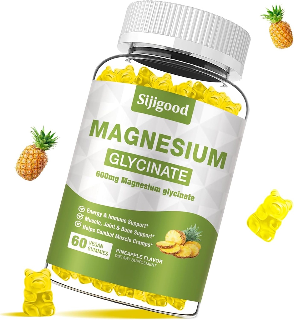 Glicinato de magnésio 600mg, Relaxamento e suporte Zzz, Suplemento de potássio de magnésio para adultos e crianças sem açúcar, Vitamina C, B6 e CoQ10 flavor de abacaxi, 60 contagem