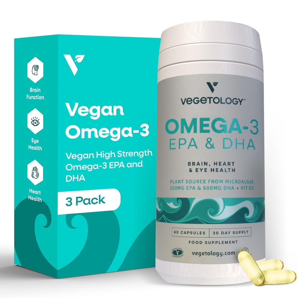 Vegan Omega 3 Suplemento – EPA, DHA Suplementos & Vitamina D3 – Algas Omega 3 Vegan Suplementos para Cérebro, Saúde dos Olhos & Coração – para Crianças e Adultos (180 Cápsulas)