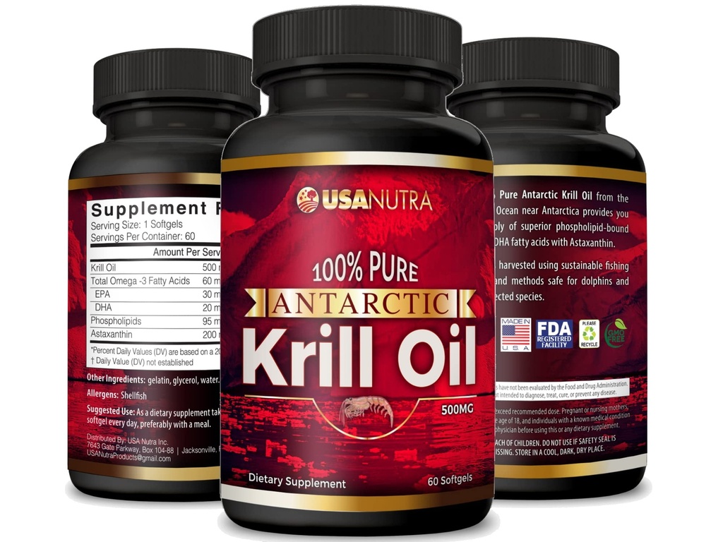 Óleo Antártico de Krill Softgels 100% puro com Omega-3 EPA DHA Astaxantina 1000mg por dia (2 Softgels). Feito nos EUA