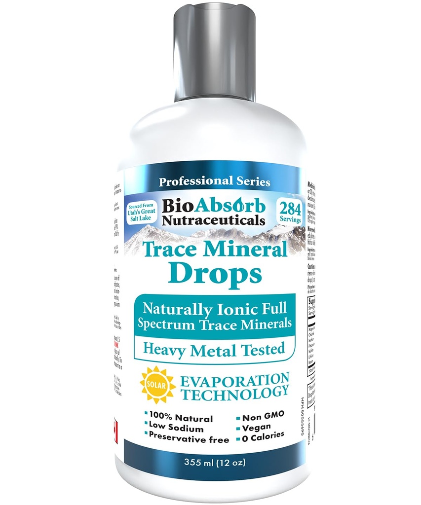 Bio Absorb Trace Drops Mineral. Heavy Metal testado. 284 Servimentos de Minerais Orgânicos Traços da Água do Mar GSL de Utah Concentrada. 125mg de Magnésio Iônico (12 onças)