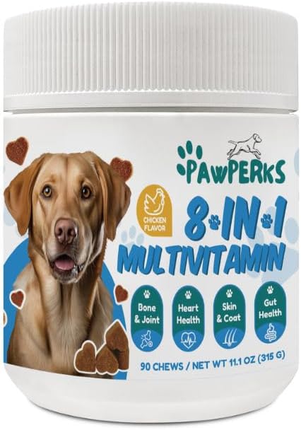 8-em-1 Cão Multivitamínico – Glucosamina para a Saúde Conjunta, Probióticos e Enzimas Digestivas – Suplemento sem grãos para pele, casaco e suporte imunológico – Sabor de frango – 90 mastigações