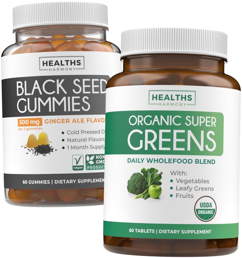 Black Seed Oil Gummies & Super Greens (1-mês) - Diary Green Boost - Black Seed Oil Gummies Ginger Ale Flavor Frio Pressed Nigella Sativa & Organic Super Greens Complete Super Food Supplement
