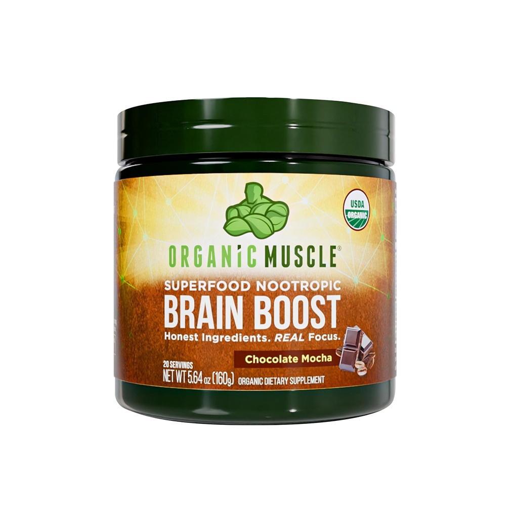 Orgânico Muscle Brain Boost Nootropics Mistura - Vegan & Orgânico Superfood Suplementos de Saúde para Foco, Memória & Produtividade com Ashwagandha, Ginkgo & Ginseng - Chocolate sabor, 20 Servings