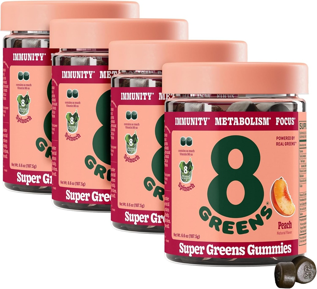 8Greens Supergreens Gummies Super Greens Powder Superfood Gummy para Metabolismo, Imunidade e Foco, Enzimas Digestivas de Saúde, Orgânico: chlorela, espirulina, Aloe Vera, Flavor de pêssego, 200 Conde