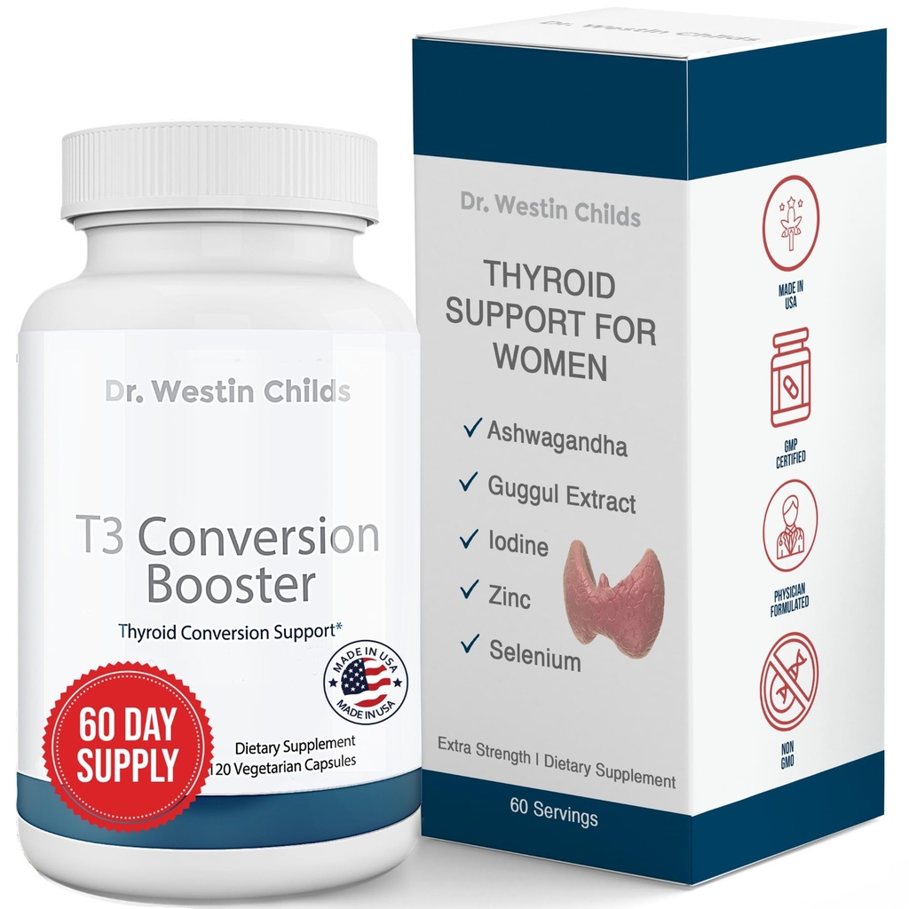 Dr. Westin Childs - T3 Conversion Booster - Apoio à tireóide para mulheres com hipotireoidismo e Hashimoto - Iodine, Ashwagandha, Guggul Extract, Selenium & Zinc Complex - 60 Servings