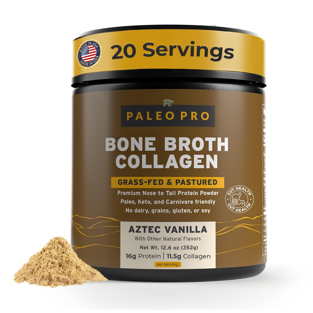Pó de proteína de colágeno de caldo de osso PaleoPro - Pó de colágeno de raiz alcaçuz para pele e ossos - Sem glúten, Sem açúcar, Soja, Grãos, Carbos líquidos - Paleo Keto Friendly 20 Servings Aztec Vanilla