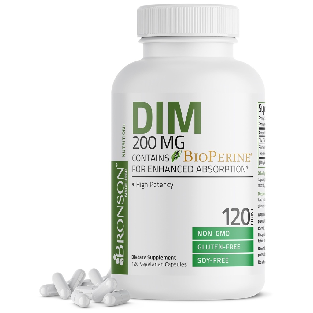 Bronson DIM Supplement 200 MG Diindolymetano com BioPerine para Absorção Melhorada, Metabolismo de Estrogênio & Mantém Níveis de Hormônio Equilibrado, 120 Cápsulas Vegetarianas