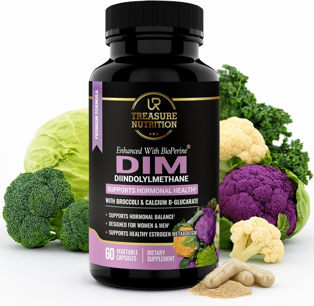 Suplemento DIM com extrato de brócolis e BioPerine - Apoio ao equilíbrio hormonal natural para mulheres e homens - Estrogênio equilíbrio - Menopausa, Acne - 60 Cápsulas vegetarianas com cálcio D-Glucarato