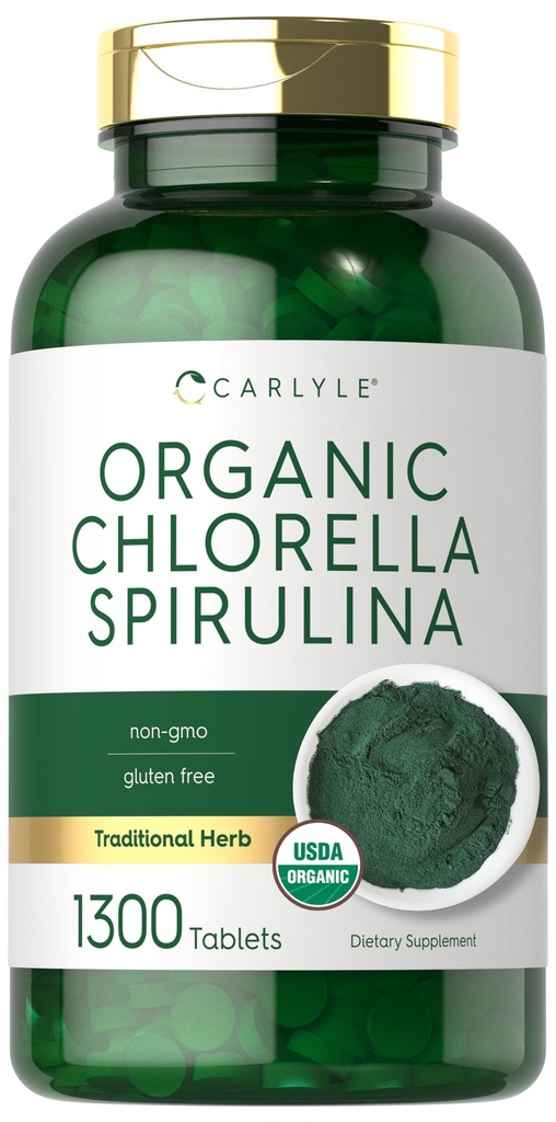 Carlyle Organic Chlorela Spirulina Tablets □ 1300 Contagem > 50/50 Mistura > Não-GMO e Suplemento sem glúten