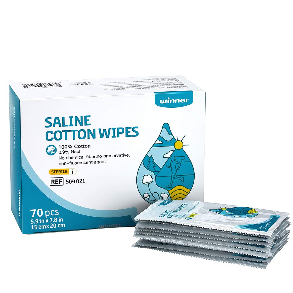 Vencedor Sterile Saline Wipes, 6" x 8" Grandes Cuidados Pessoais Wipes, Pads suaves Salina para perfurações, Multi-Purpose para olhos sensíveis e rosto, Individualmente embrulhado, 70 Conde