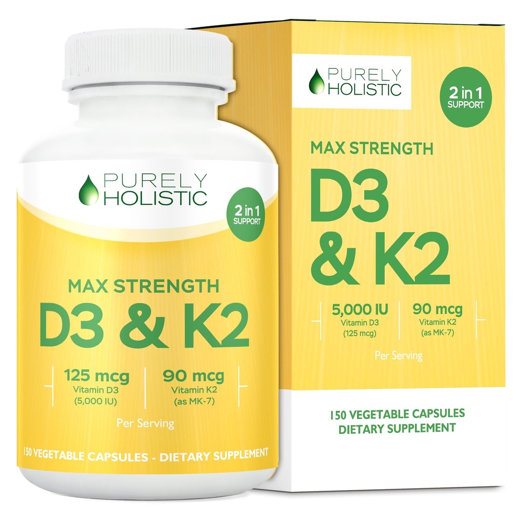 Puramente Holistic Vitamina D3 125mcg e Vitamina K2 90mcg MK7-4 Mês Fornecimento 150 Cápsulas Vegetarianas - Vitamina D3 & K2 Menaqunione - Alta Força Colecalciferol Made in the USA