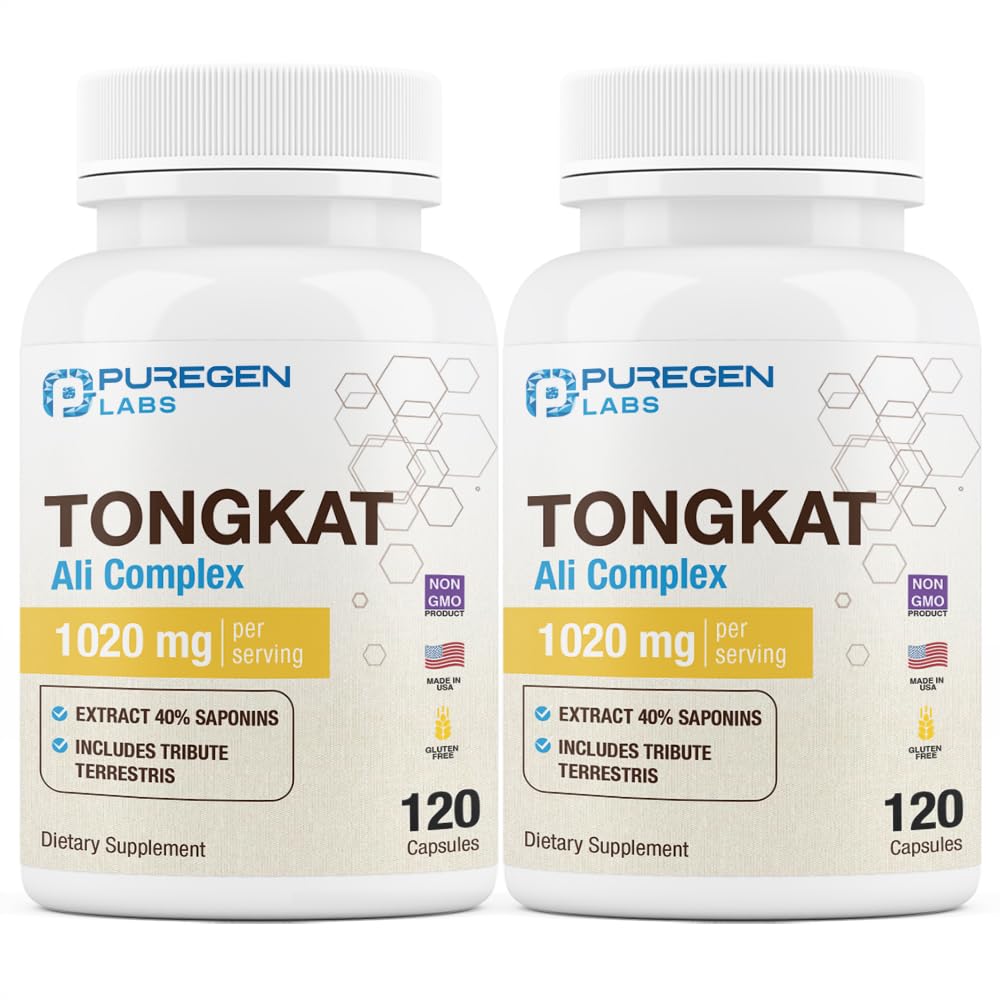 Puregen Labs Tongkat Ali Extract 200 a 1 para homens, 1020mg por serviço, [Alta potência] Total 240 Cápsulas - Apoio à Saúde do Homem com 20mg Tribulus Terrestris □ Não-GMO, Gluten Free, Made in USA