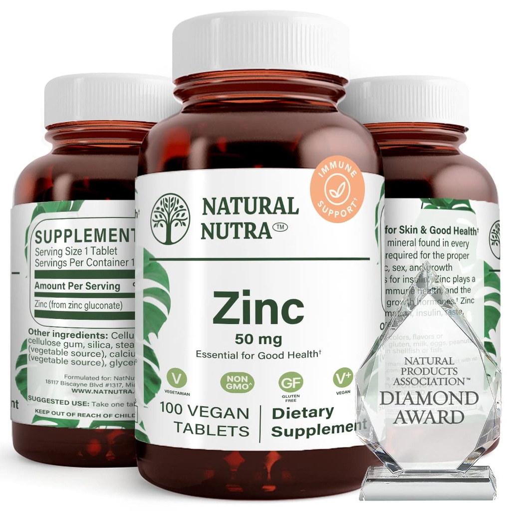 Natural Nutra Zinc Gluconate 50mg Suplemento para apoio imunológico, Promove a saúde da pele, Proporciona facilidade de gripe e frio, Aumentar a aprendizagem e memória, Melhorar o sabor e cheiro, Gluten Free 50mg 100 Tablets Vegan