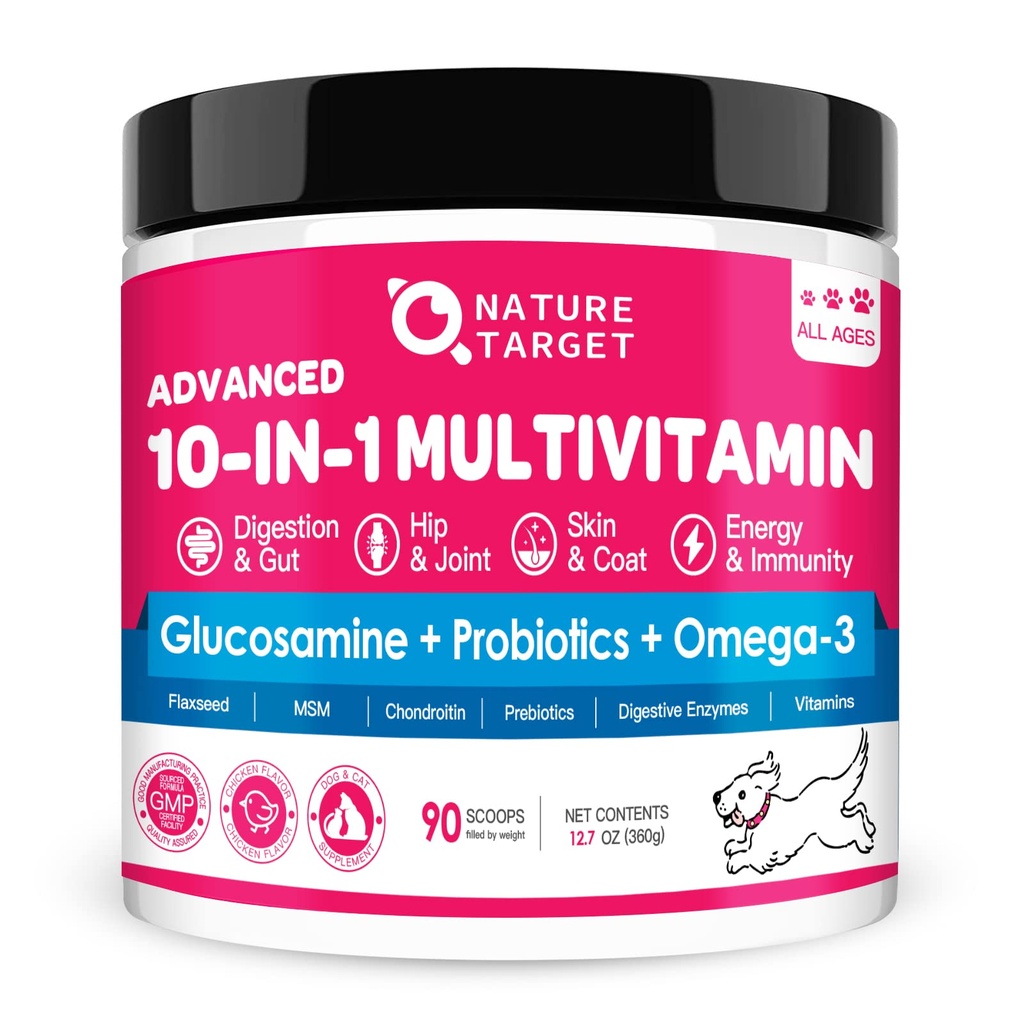 NATUREZA TARGET Dog Vitaminas Pó, Probióticos e Enzimas Digestivas para Gut Health, Glucosamina & Chondroitin & Omega 3, Suplemento completo para alimentos caseiros para cães, Joint & Skin & Imune Support