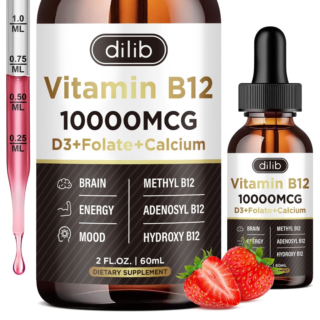 Vitamina B12 Drops líquidos Sublingual 10000 mcg, Triplo Suplemento Complexo B-12, Metil & Metilcobalamina Mistura para Mulheres e Homens, Mood & Energy Booster, Metilated B 12 para Metabolismo e Apoio à Saúde
