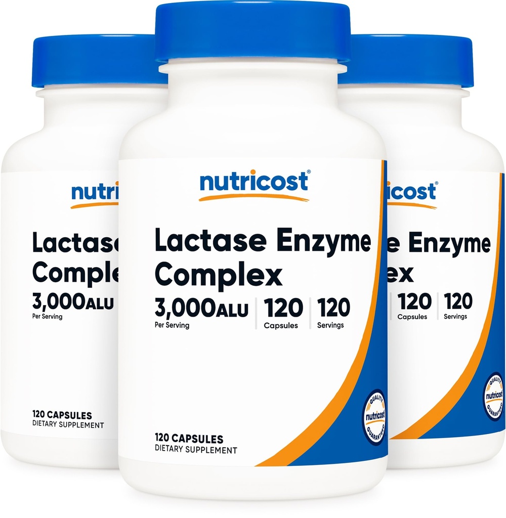 Nutricost Lactase Enzyme Complex 3.000 FCC ALU, 120 Cápsulas Veggie - Não-GMO, Gluten Free, 120 Servings (3 Garrafas)
