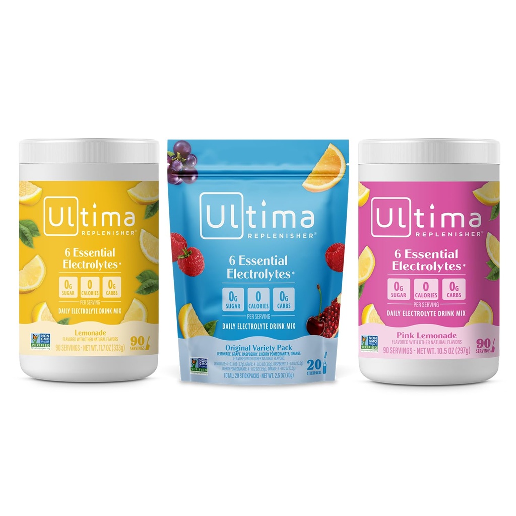 Ultima Replenisher Electrolyte Powder Drink Mix Bundle – Açúcar Grátis – Limonada, Limonada rosa, Variedade-90 Servings, 20 Stickpacks– 6 Eletrólitos e Minerais – Keto Friendly, Vegan, Não-GMO
