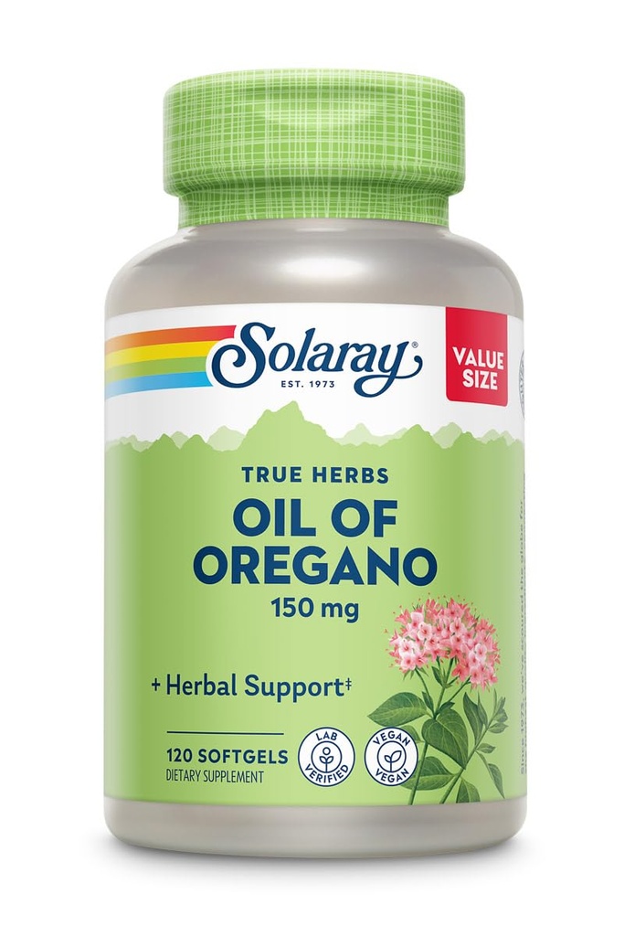 SOLARAY Óleo de Orégano Softgels 150 mg - Orégano Oil Suplemento para Apoio ao Bem-Estar Poderoso - Digestão Gentil - Extra base de azeite virgem - Vegan, 60-Day Garantia - 120 Servings, 120 Softgels